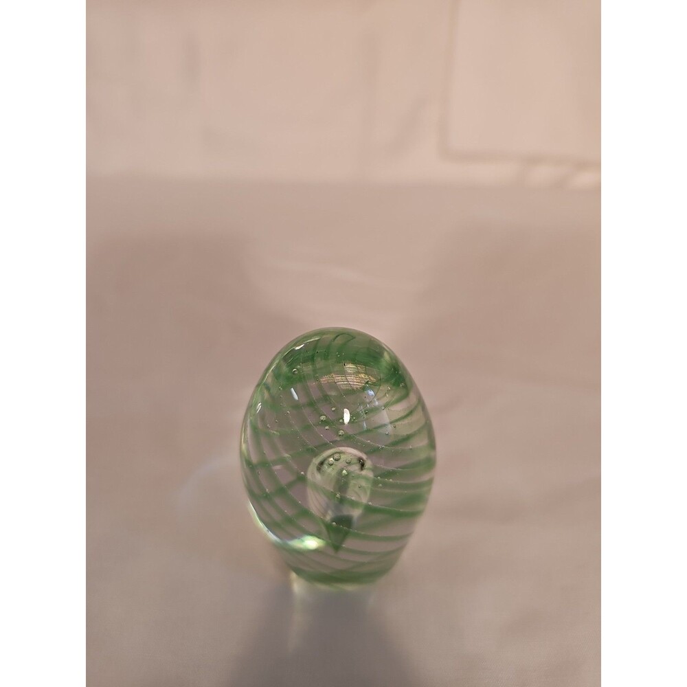 Art Glass Egg Form Paperweight Clear w/ Green Spiral Swirl Design